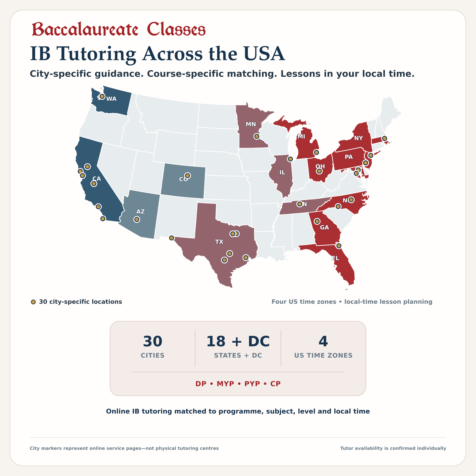 Map showing Baccalaureate Classes tutoring coverage across 30 US cities in 16 priority states
